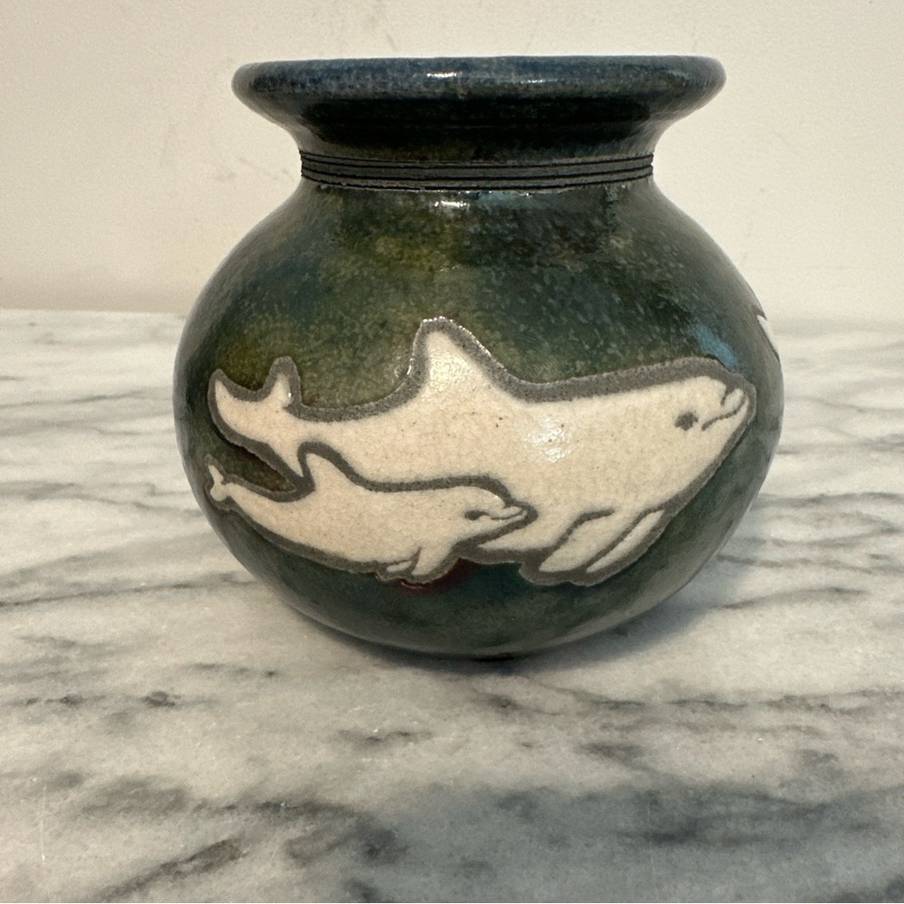 Jeremy Diller Raku vase Dolphins hand made signed by artist